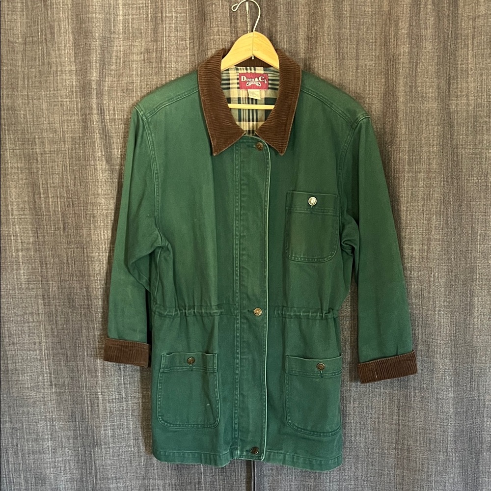 Denim & co chore coat jacket green with corduroy trim size medium farmers